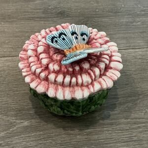 Vietri Ceramic Daisy Butterfly Lidded Trinket Dish Made in Italy Cottage Farm